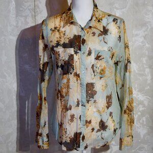 Talbots Blue & Brown Floral Semi-Sheer Button-Up Blouse Size 12
